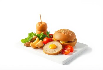 Closeup of a cheeseburger, sausage, tomato slices, and cheese on a white plate.