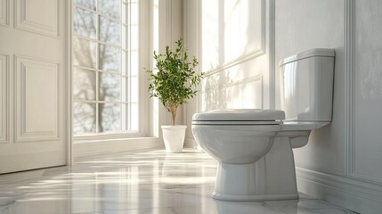 A classic ceramic toilet bowl in a bright bathroom, with a soft-close seat and polished chrome flush handle, surrounded by neutral tones.