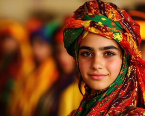 A woman wearing a colorful scarf and a green head scarf