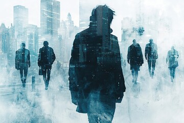 Silhouettes of people walking in a cityscape, double exposure effect.