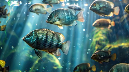 Canvas Print - Colorful Fish Swimming in a Sunlit Aquarium