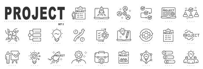 Set of project management related line icons. Report, plan, startup, gear, lightbulb etc. Editable stroke