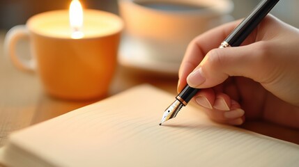 Canvas Print - A person writing in a notebook with fountain pen and cup of coffee, AI