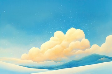 Enchanted cotton candy clouds glowing in the night sky, casting a soft light on a snowy landscape, watercolor style, watercolor illustration, having ample space for text