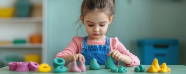 a cute girl playing with modeling clay at a daycare table, creating different shapes and figures sen
