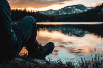 Hiker resting on the shores of a mountain lake, enjoying the colorful sunset over the water