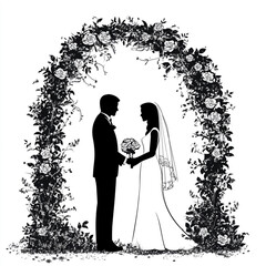 Silhouette of a bride and groom under an arch with roses, a black monochrome silhouette on a white background.