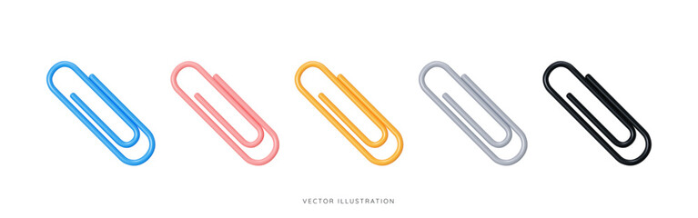 3d paper clip emoji icon set. office paperclip in blue, pink, yellow, silver and black colors. schoo