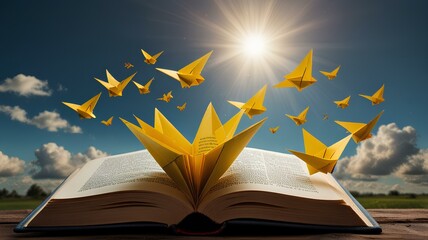 Wall Mural - Open book with flying yellow paper planes in the sky.