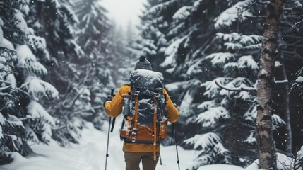 Wall Mural - Winter Hiker in Snow Covered Forest