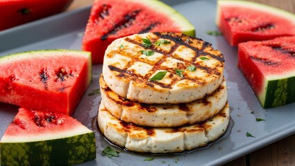 Canvas Print - Grilled halloumi with watermelon slices closeup