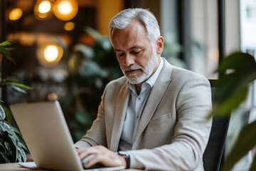 Wall Mural - Senior businessman working on a laptop in a modern office, focused and surrounded by greenery and soft lighting