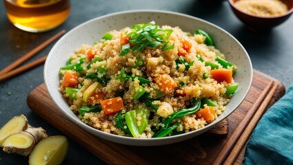 Quinoa stir fry with ginger and tamari closeup