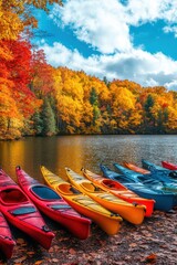 Kayak boat in still quiet lake water with colorful Autumn foliage