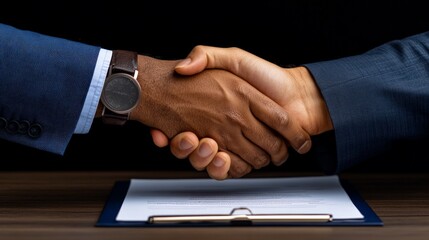 Sealing the Deal: A powerful handshake over a signed contract, symbolizing trust, agreement, and partnership in a business deal.  