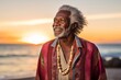 © Markus Schröder - Portrait of a blissful afro-american man in his 70s wearing a chic cardigan on vibrant beach sunset background