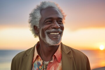 Sticker - Portrait of a blissful afro-american man in his 70s wearing a chic cardigan while standing against vibrant beach sunset background