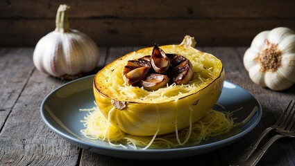 Canvas Print - Spaghetti squash with roasted garlic closeup