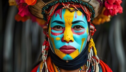 Vibrant tribal womens faces adorned with colorful patterns, exotic masks, intricate ornaments, removable tattoos, and striking jewelry