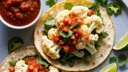 Vegan cauliflower tacos with spicy salsa closeup