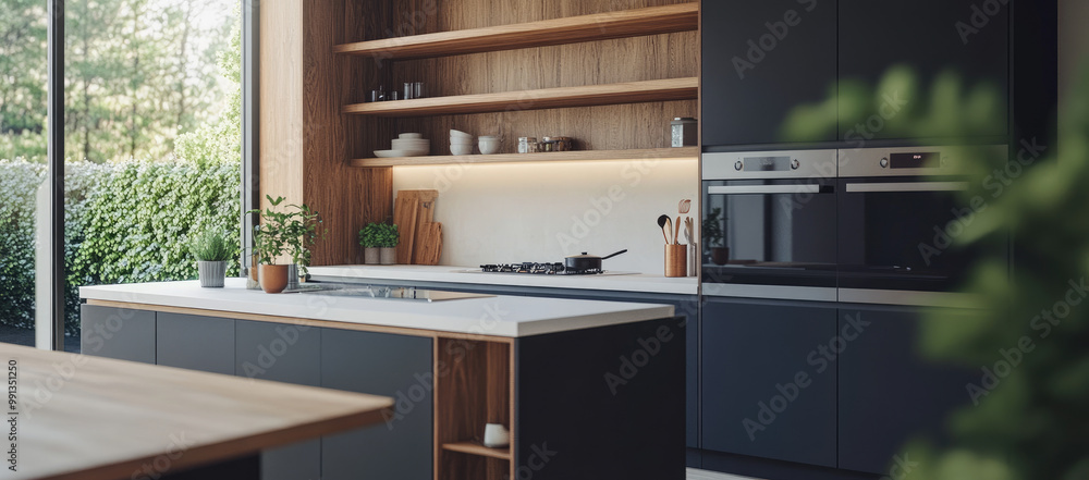 Modern kitchen with an island table and black and gray cabinets, a ...