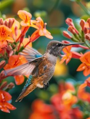 Wall Mural - A hummingbird hovers near vibrant orange flowers in a garden.