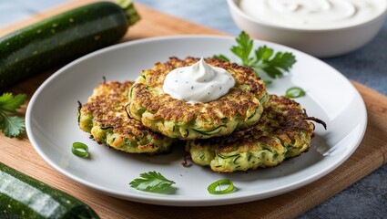 Canvas Print - Zucchini fritters with Greek yogurt dip closeup