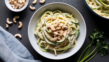 Zucchini noodle Alfredo with cashew sauce closeup