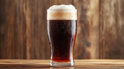 A glass of root beer with a frothy foam top, positioned on the left side of the frame, leaving the right side clear for branding or promotional text, with a wooden table backdrop.