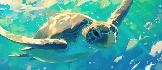 Wall Mural - Underwater close up of a sea turtle painting