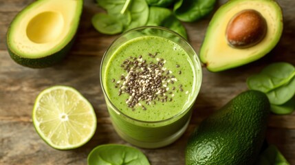 A creamy green smoothie in a clear glass, sprinkled with seeds, surrounded by avocado, spinach leaves, and lime slices on a rustic wooden table.