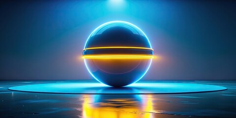 futuristic blue and yellow floating object illuminated by neon light, floating, medium shot, science