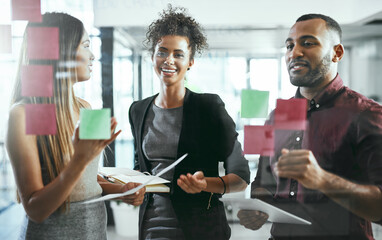 Poster - Sticky notes, man and women in team, laughing and collaboration of people and smile for paperwork. Notebook, talking and financial advisor in group, document and planning for investment opportunity