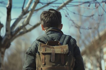 The image shows a young boy carrying a backpack as he walks outdoors during daylight, evoking the theme of adventure and travel.