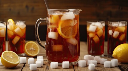 A pitcher of iced sweet tea, surrounded by glasses filled with ice and lemon slices, sugar cubes arranged neatly on the side, creating a summer refreshment scene.