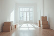 © Running opossum - Moving cardboard boxes are waiting to be unpacked in a new, empty apartment