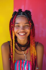 A young woman with a joyful smile, featuring brightly colored hair extensions. Her outfit is playful and colorful, indicative of a relaxed, fun-loving personality.