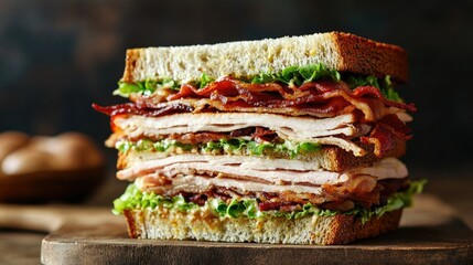 A delicious club sandwich with layers of turkey, bacon, and lettuce, with a large clean area in the background for text.