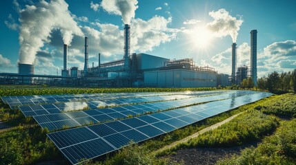 a solar farm in front of an industrial facility, emphasizing renewable energy and sustainability.