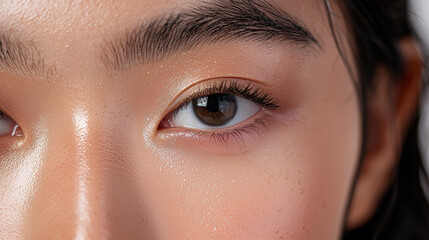 close up of East Asian womans eye, showcasing bright, expressive features and smooth skin. image highlights natural beauty and detail of her eye, evoking sense of calm and intrigue