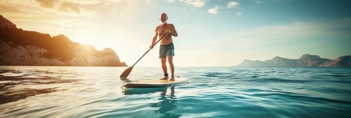 A senior man doing paddleboarding in water