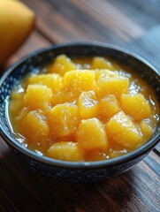 Bowl of peach and orange jam, delicious and nutritious breakfast or snack option.