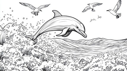 Dolphin Leaping Through Waves With Seagulls Flying Overhead