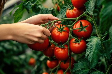 Wall Mural - Close-up of hands picking cherry tomatoes in a greenhouse, healthy eating concept