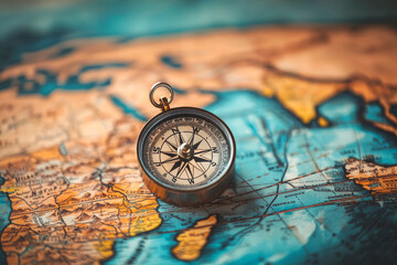 Magnetic old compass on world map. Concept of travel, tourism and adventure