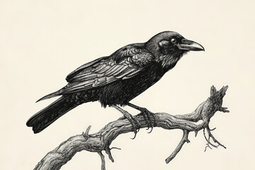 Black crow with big beak perching on a branch in a vintage engraving style illustration