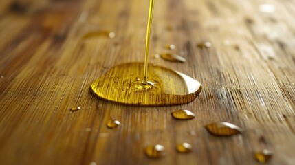 A drizzle of olive oil on a wooden surface with a clear background above for text or design.