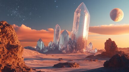 Wall Mural - Stunning exoplanet landscape featuring enormous crystals in a captivating 3D rendering