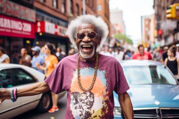 Sticker - Portrait of a joyful afro-american elderly 100 years old man sporting a vintage band t-shirt isolated on vibrant market street background