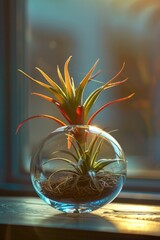 A simple, elegant glass vase holding a young Aloe Vera plant that captures the warm sunlight.